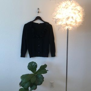 JCrew Merino Wool Black Ruffle Cardigan